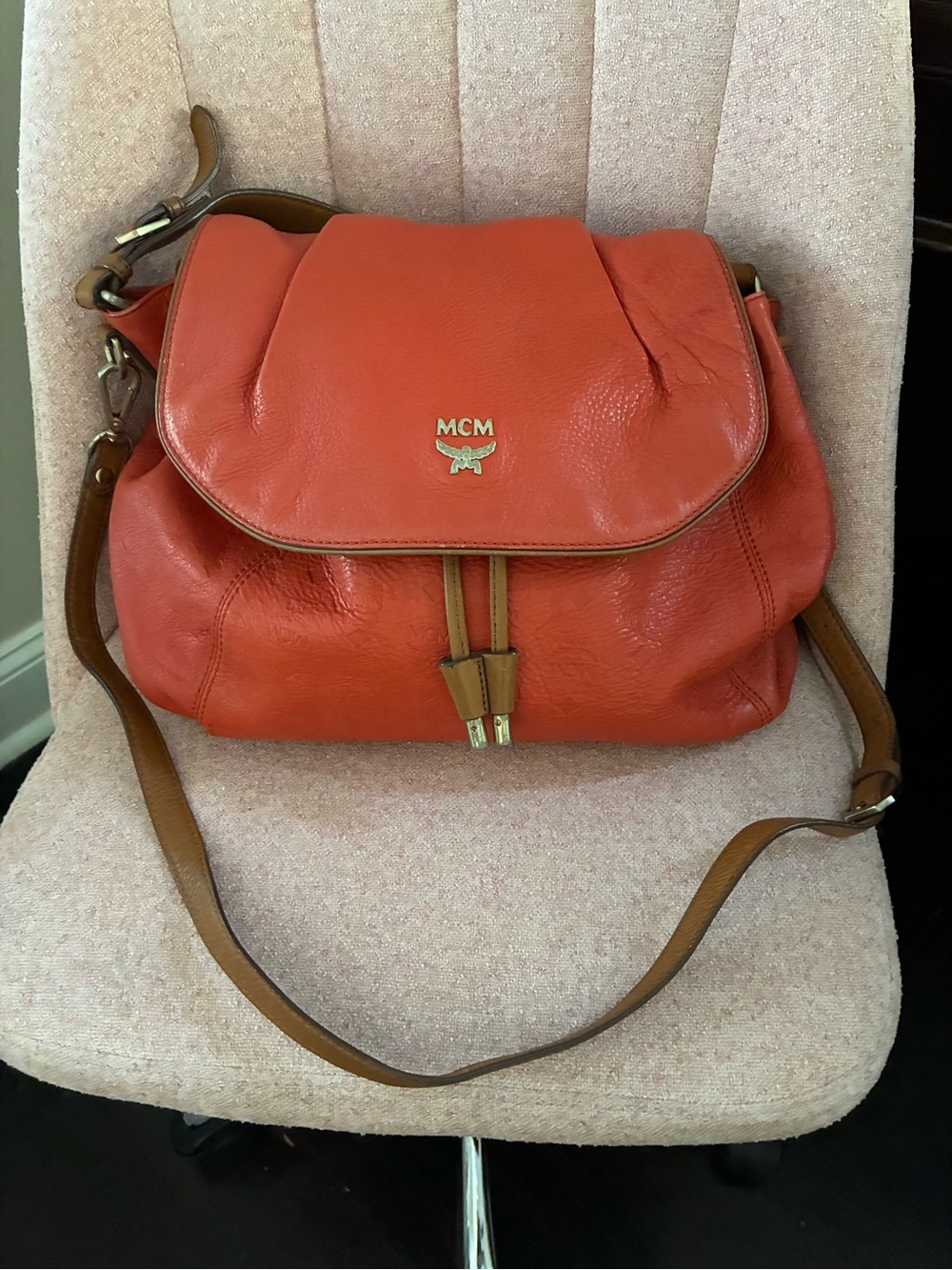 MCM Orange Leather Saddle-Style Shoulder Bag with Tan Trim
